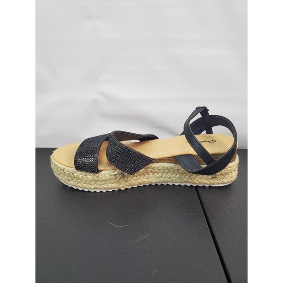 Qupid Daylen Wedge Espadrille Black‎ Tan Sandal Round Toe Straps Womens Size 6 - Picture 4 of 15